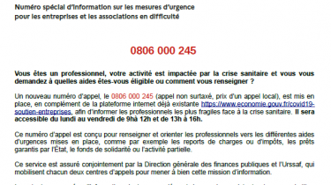 COVID19 – Numéro pour les entreprises et les associations en difficulté